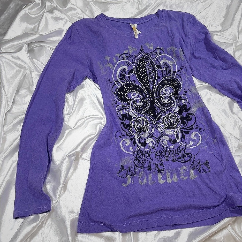 y2k McBling Rock Angel Long Sleeve Purple Rhinestone Fleur De Lis Tee